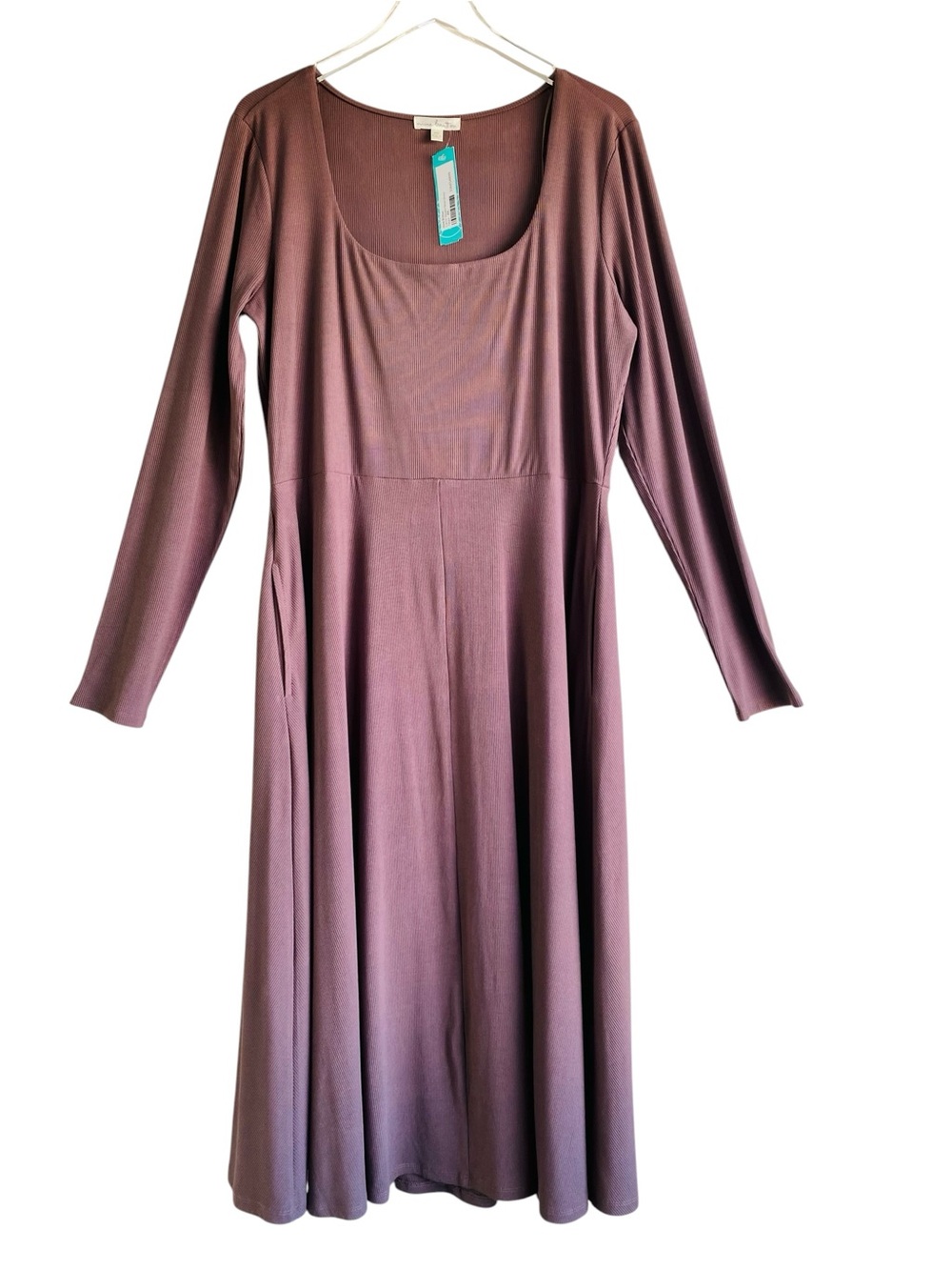 Nine Britton Taupe Square Neck Ribbed Stretch Knit Midi Dress Size XXL